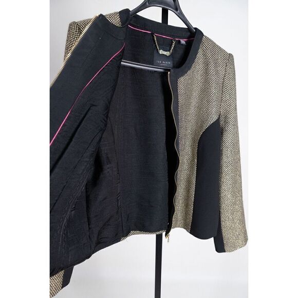 NEW TED BAKER women’s gold sparkle boucle dressy blazer jacket zip size 2 - Picture 8 of 17